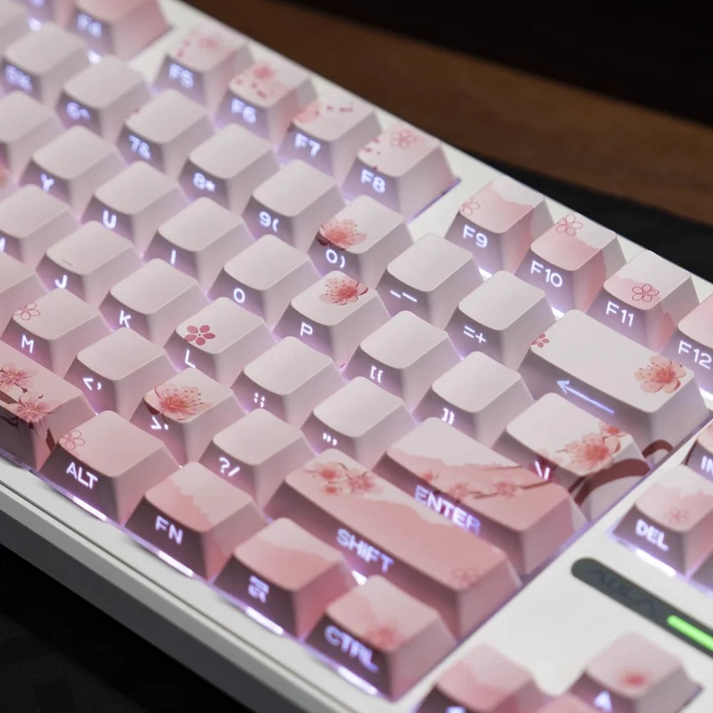 Pink Cherry Blossom Keycap with Side Engraved Translucent PBT 127 Keys Compatible with MX Mechanical Keyboard 61 75 86 104 108